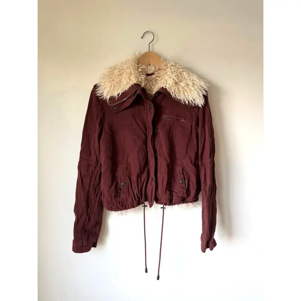 Free People Women's Shearling Shag Style Linen Bomber Jacket Size XS Maroon